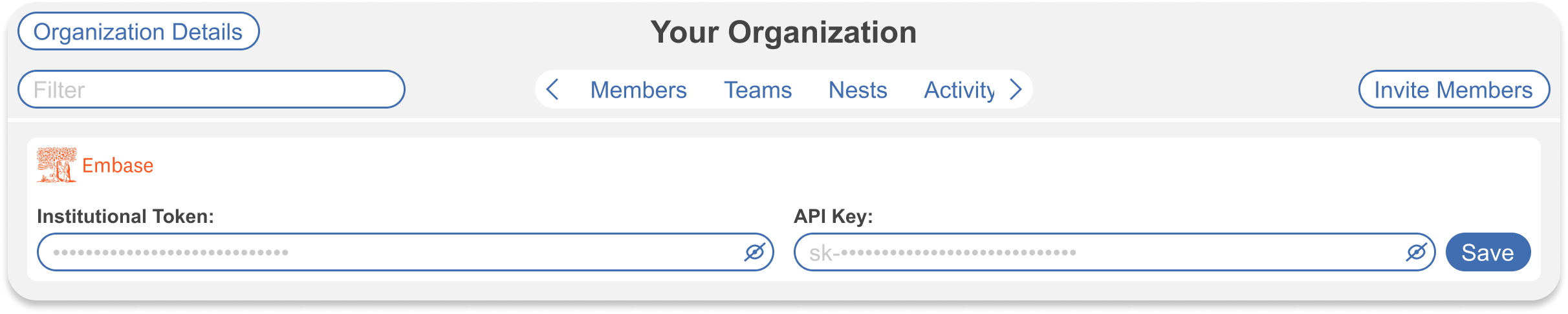 Nested Knowledge Integrations settings with Embase token and API key fields