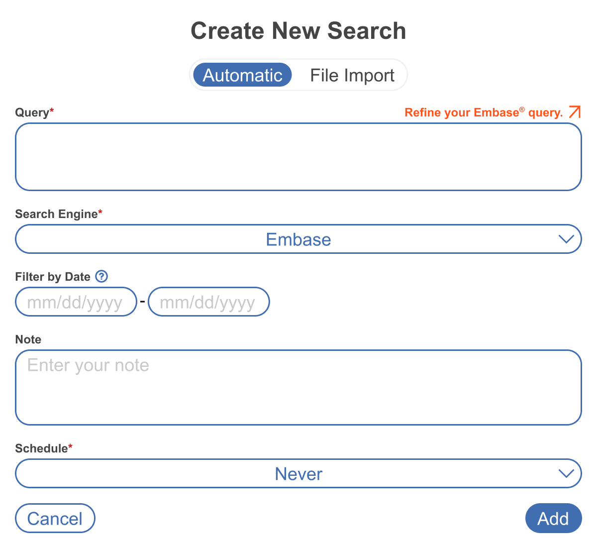 Create New Search dialog with Embase selected